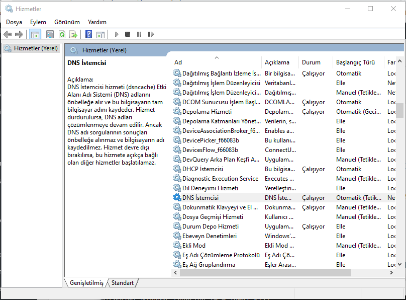 dns istemci servisini yeniden başlatma