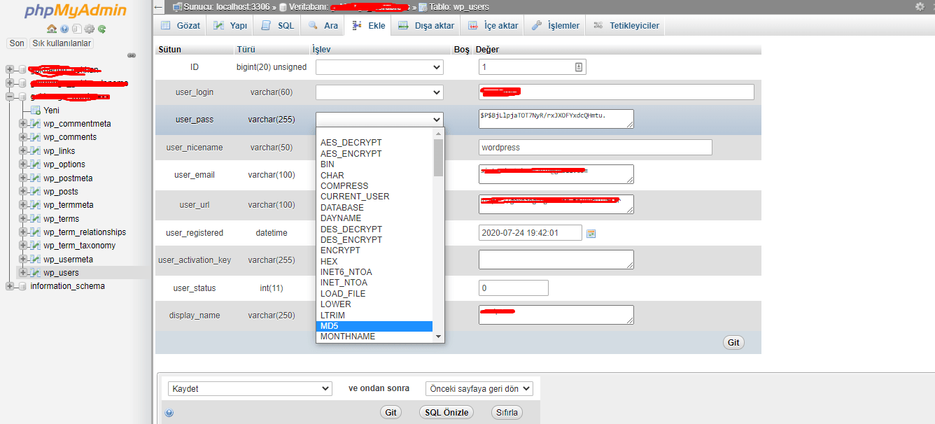 phpmyadmin ile şifre değiştirme adım 5