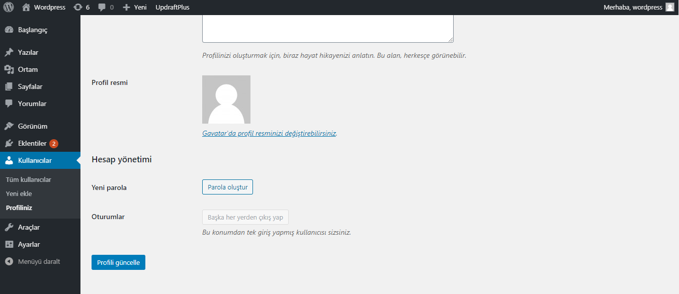 wordpress yönetici panelinden şifre değiştirme adım 3