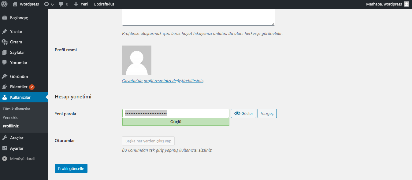 wordpress yönetici panelinden şifre değiştirme adım 4