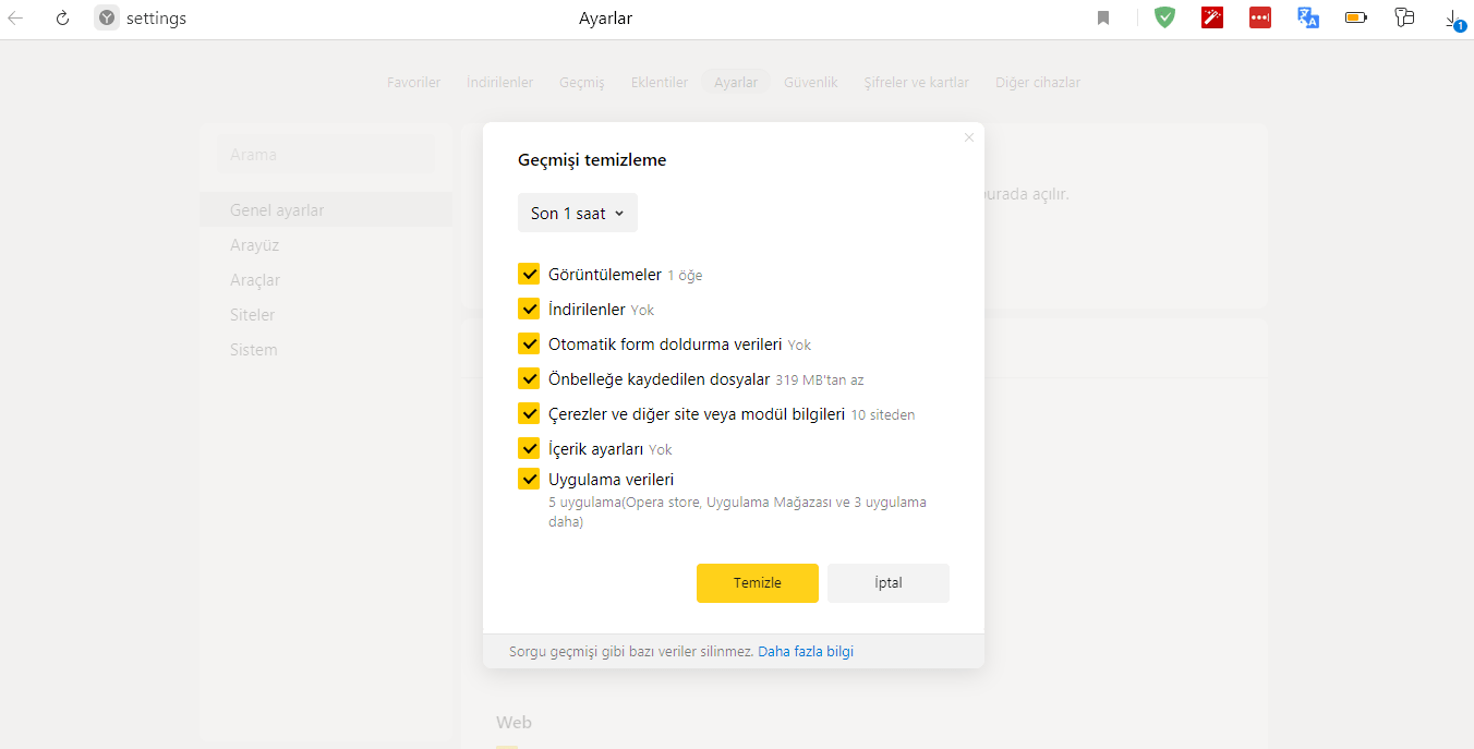 yandex tarayıcı ile çerezleri temizleme adım 3